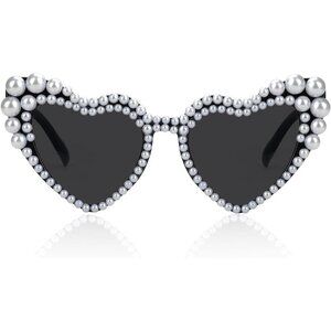 🆕Women Black Love Heart Pearl Sunglasses Rhinestone Bachelorette Sunglasses